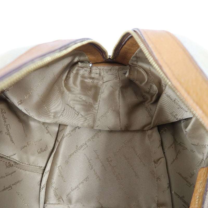 FERRAGAMO shoulder bag, canvas, beige, gold hardware, calfskin leather