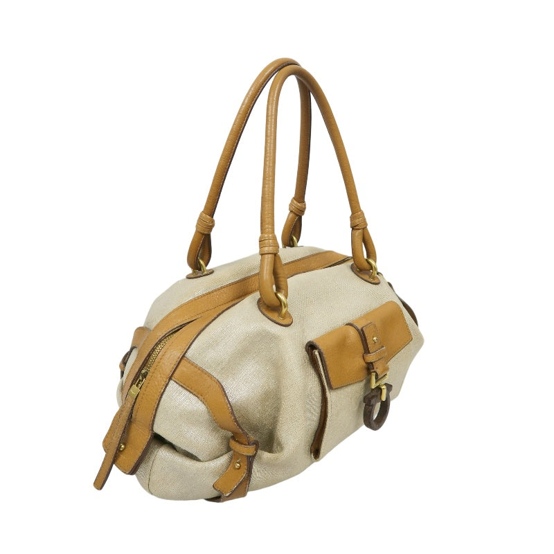 FERRAGAMO shoulder bag, canvas, beige, gold hardware, calfskin leather
