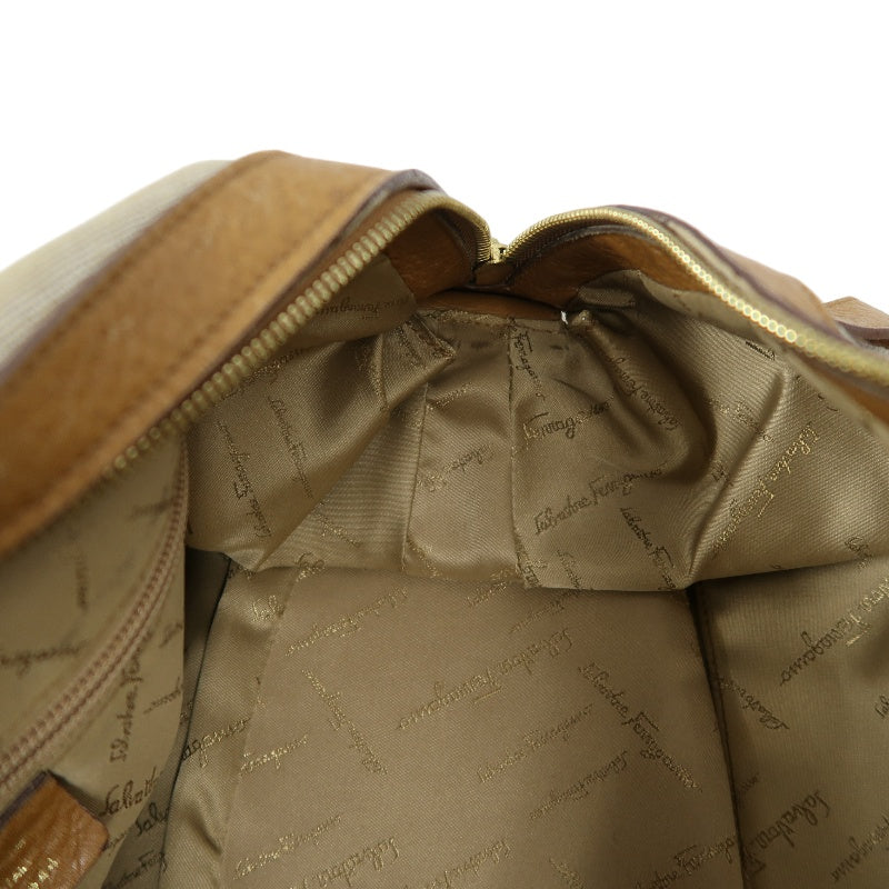FERRAGAMO shoulder bag, canvas, beige, gold hardware, calfskin leather