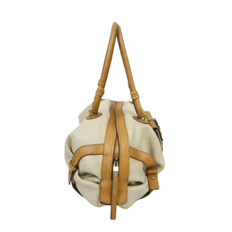 FERRAGAMO shoulder bag, canvas, beige, gold hardware, calfskin leather
