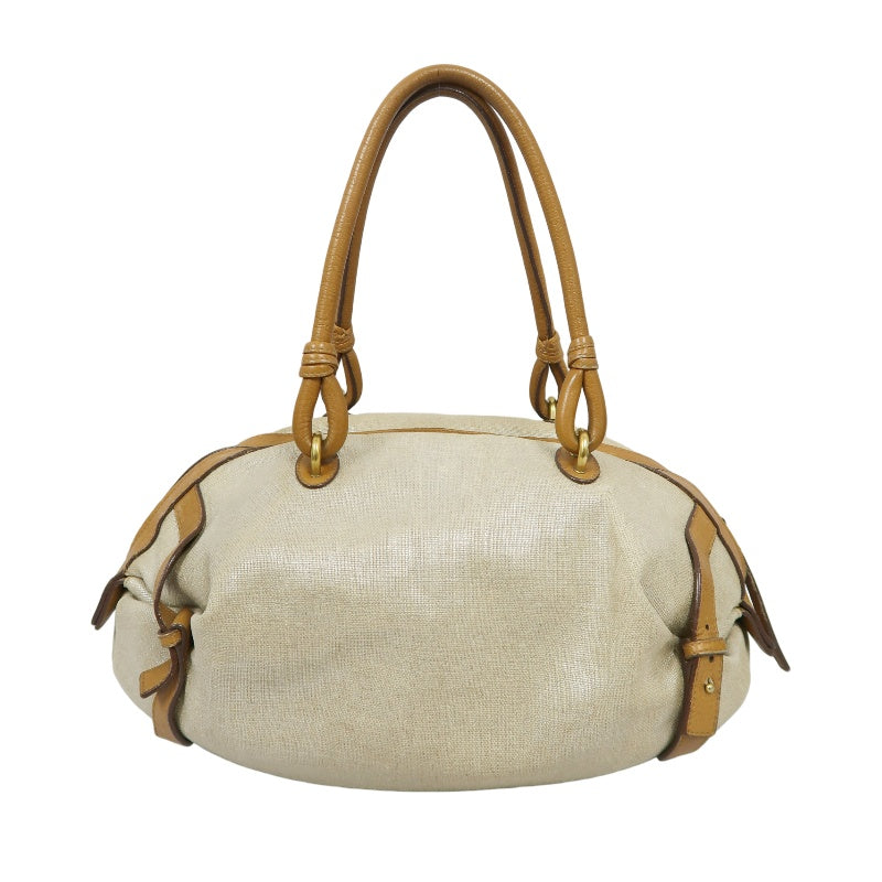 FERRAGAMO shoulder bag, canvas, beige, gold hardware, calfskin leather