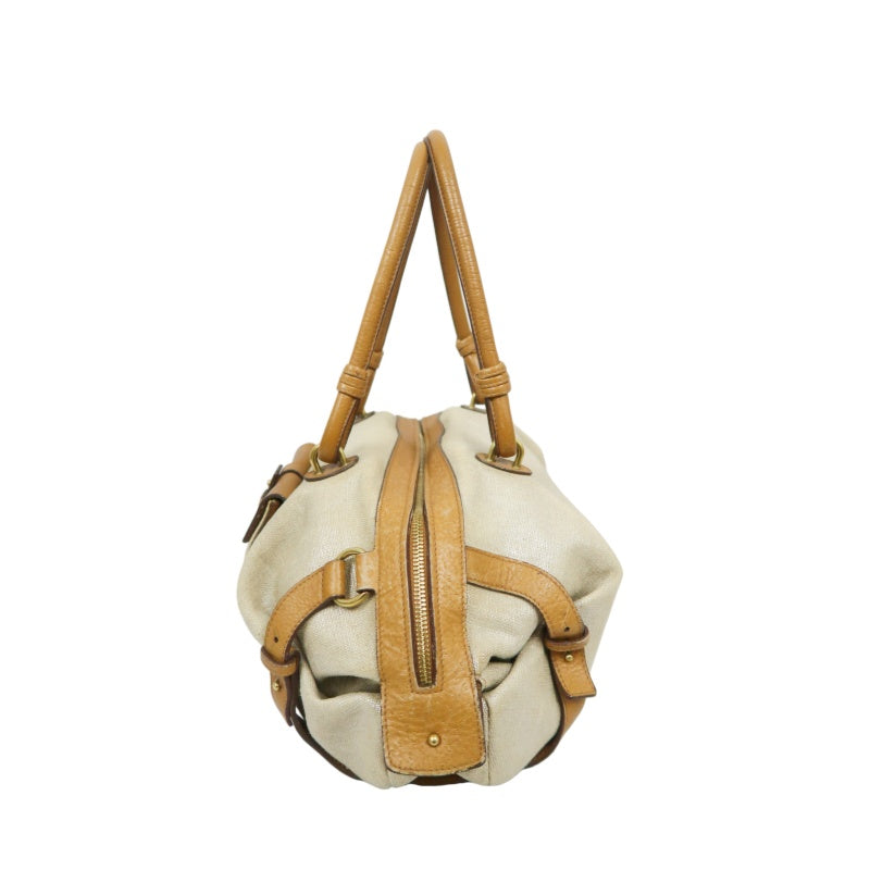FERRAGAMO shoulder bag, canvas, beige, gold hardware, calfskin leather
