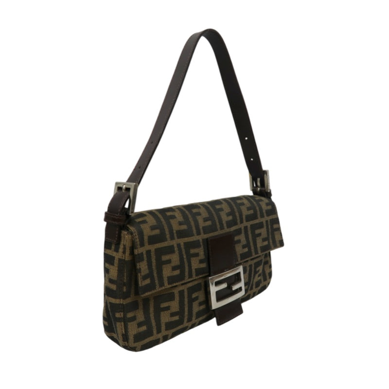 FENDI Mamma Bucket Zucchino Canvas Handbag Brown Silver-Tone Hardware, with Dust Bag