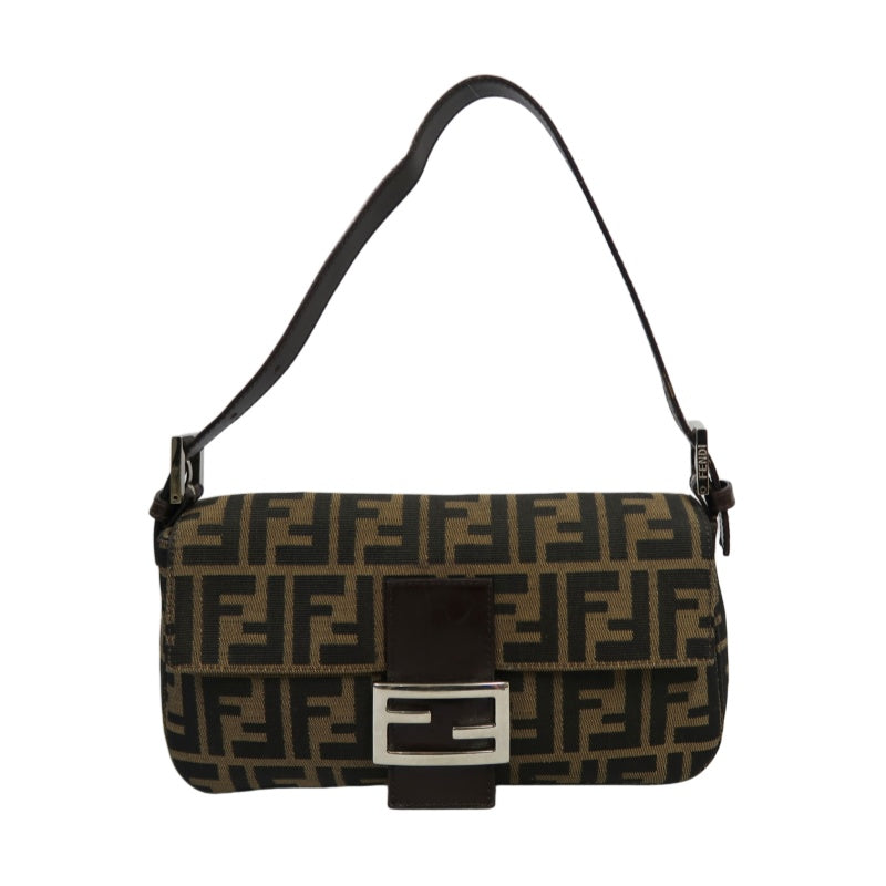 Fendi Zucca Mamma Baguette Canvas Handbag Brown Silver Hardware