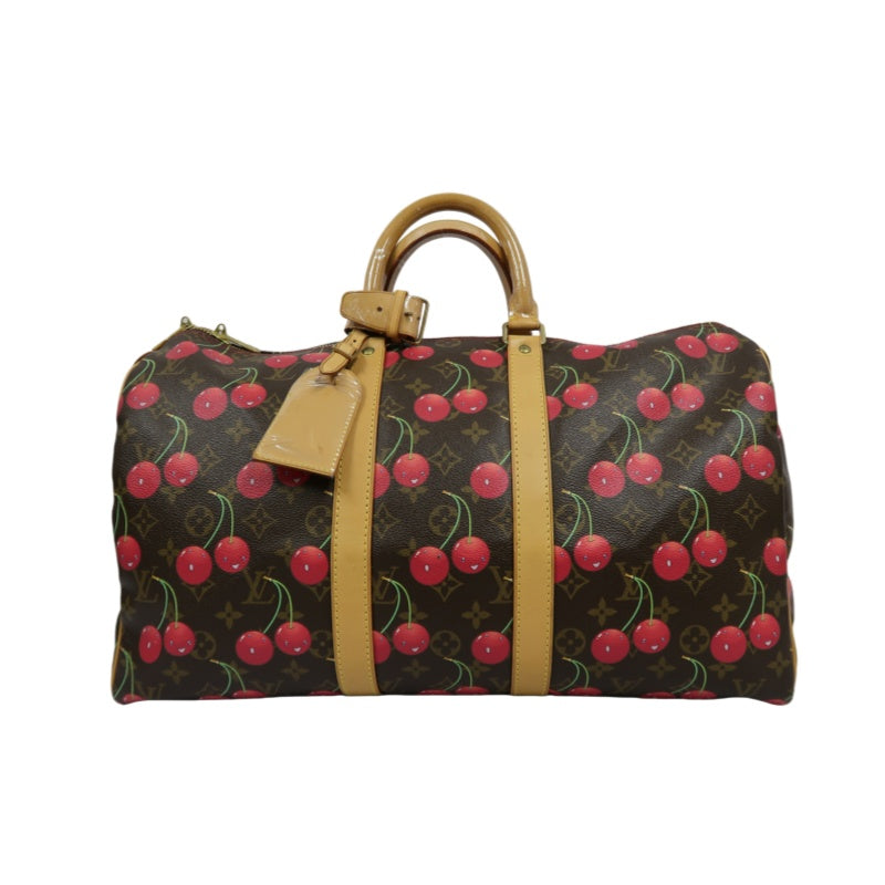 Louis Vuitton (LV) Monogram Cherry Keepall 45, Brown PVC, Limited Edition, Includes Name Tag, Luggage Strap & Boarding Pass Holder