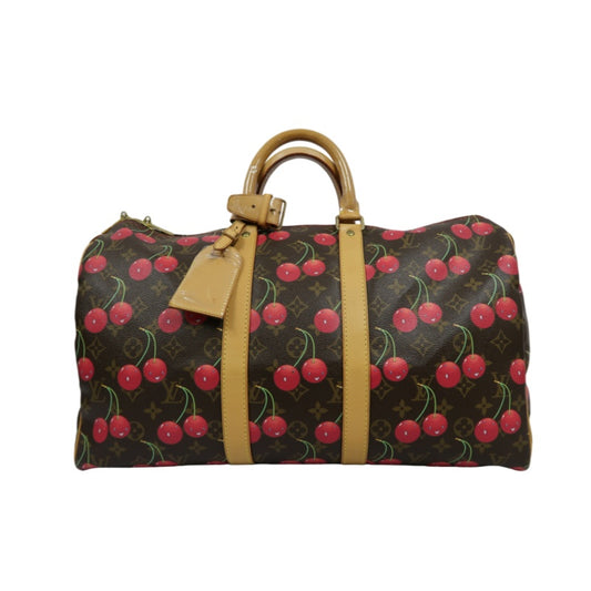 Louis Vuitton (LV) Monogram Cherry Keepall 45, Brown PVC, Limited Edition, Includes Name Tag, Luggage Strap & Boarding Pass Holder