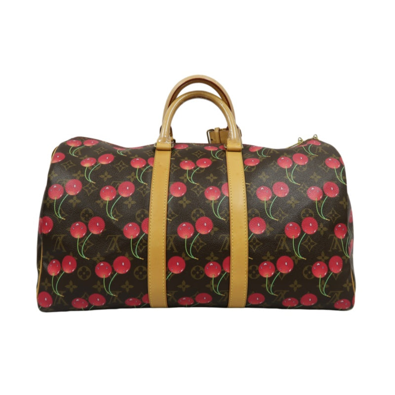 Louis Vuitton (LV) Monogram Cherry Keepall 45, Brown PVC, Limited Edition, Includes Name Tag, Luggage Strap & Boarding Pass Holder