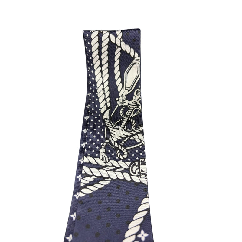 LOUIS VUITTON Bandeau BB Nautical Rope  Buckle Strap 100% Pure Silk Skinny Scarf Twilly Navy Blue White Monogram Dot Pattern Versatile Bag Handle Wrap Headband Included Original Gift Box Classic Accessory