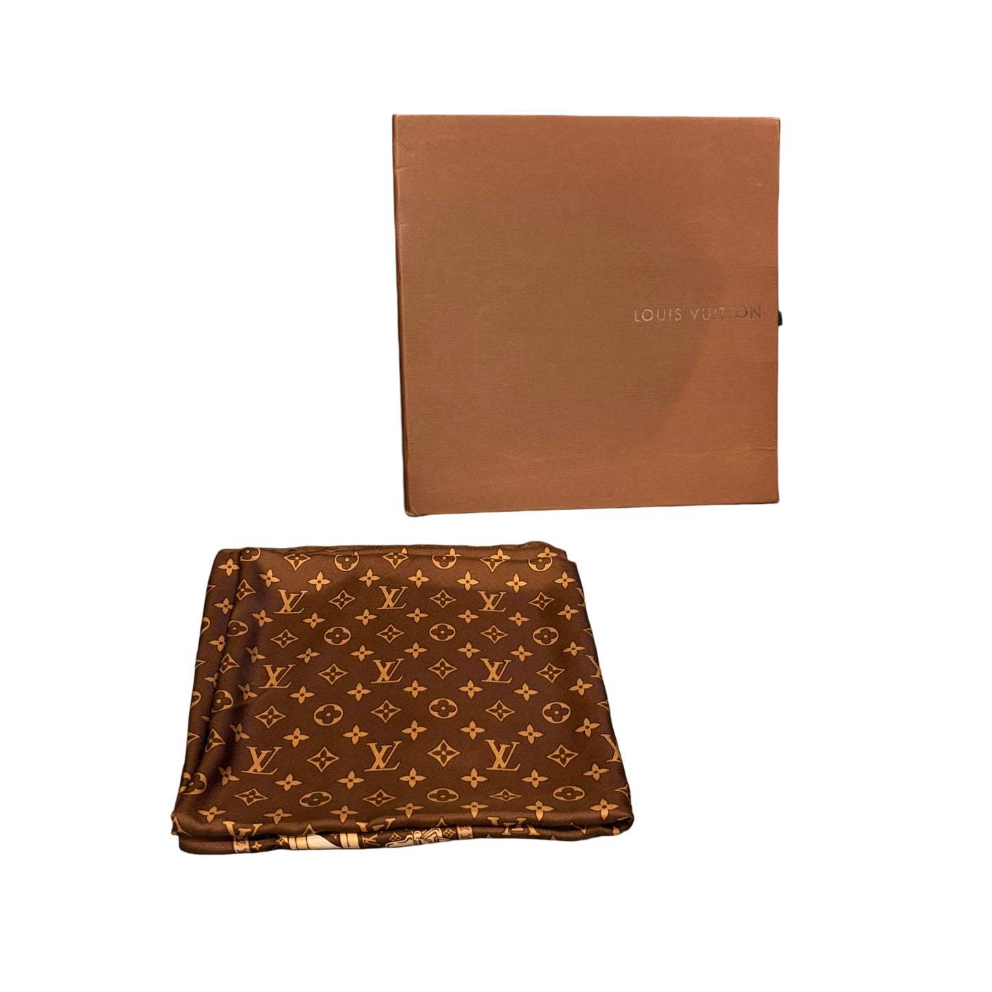 LOUIS VUITTON Monogram Trunk Luggage Full Print 100% Pure Silk Scarf Brown Classic LV Pattern Vintage Travel Theme Rare Collectible Accessory Included Original Gift Box