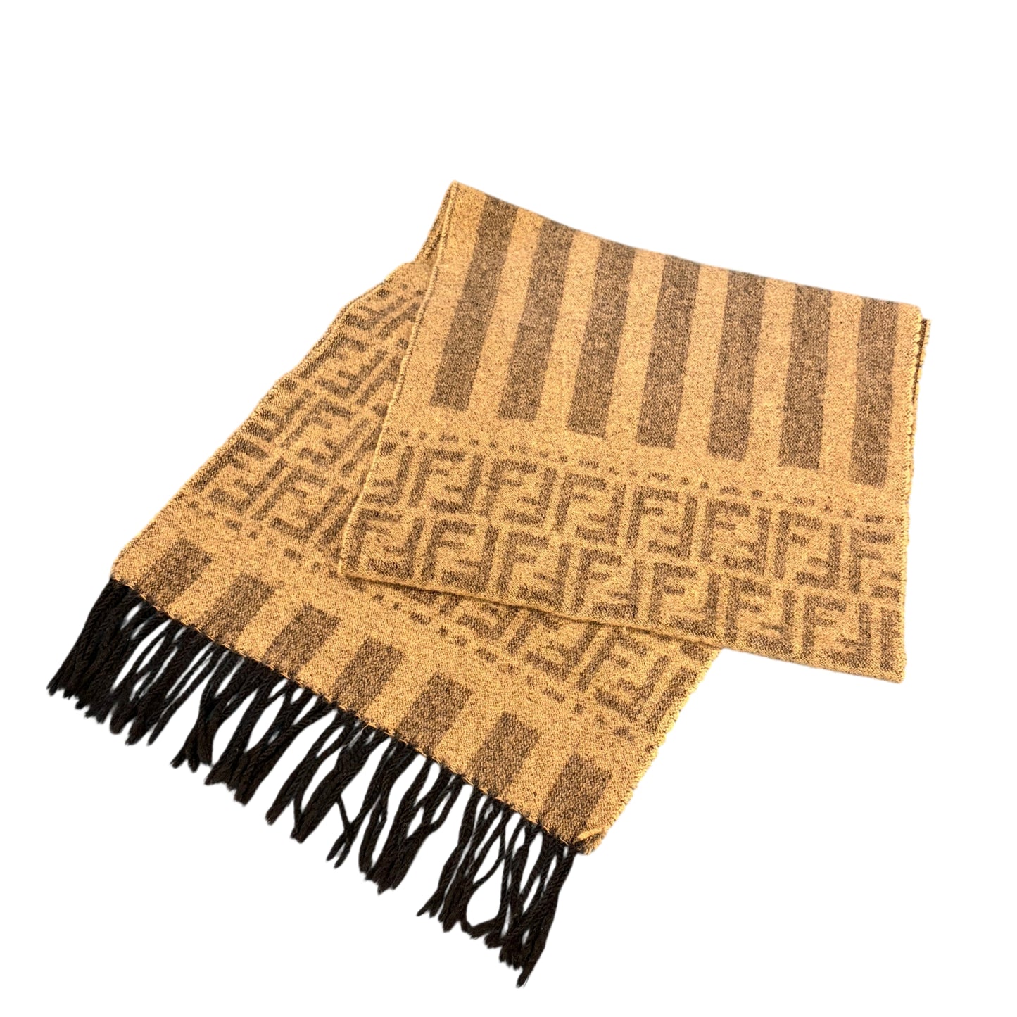 FENDI Zucca Pecan Muffler Scarf 100% Wool Beige x Brown Reversible FF Logo All-over Pattern Fringe Autumn Winter