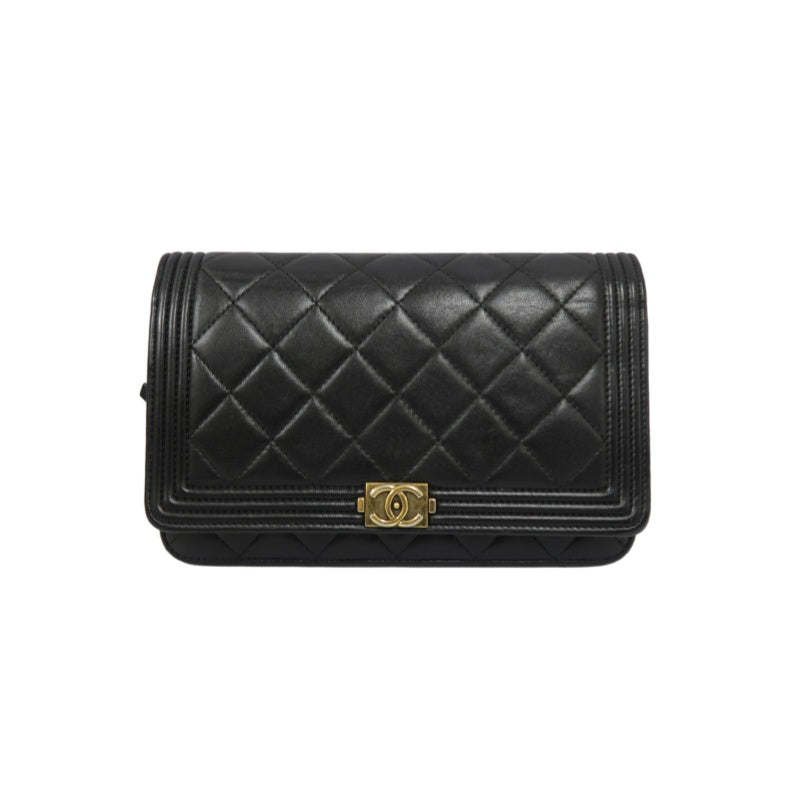 CHANEL Boy Quilted Shoulder Bag, Lambskin, Black, Gold-Tone Hardware, With Guarantee Card