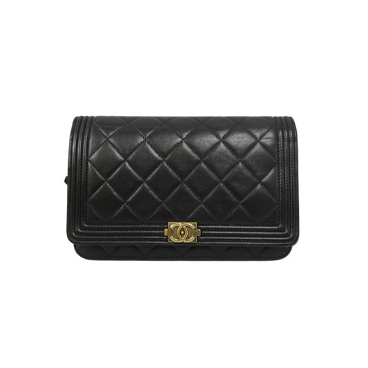 CHANEL Boy Quilted Shoulder Bag, Lambskin, Black, Gold-Tone Hardware, With Guarantee Card