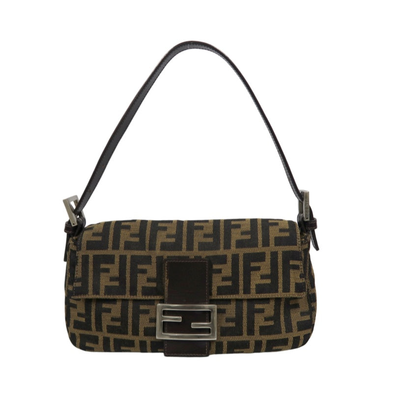 FENDI Mamma Bucket Zucchino Canvas Handbag Brown Silver-Tone Hardware