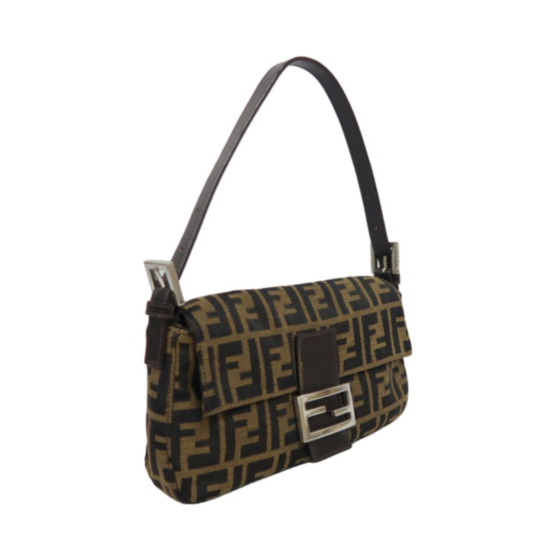 FENDI Mamma Bucket Zucchino Canvas Handbag Brown Silver-Tone Hardware