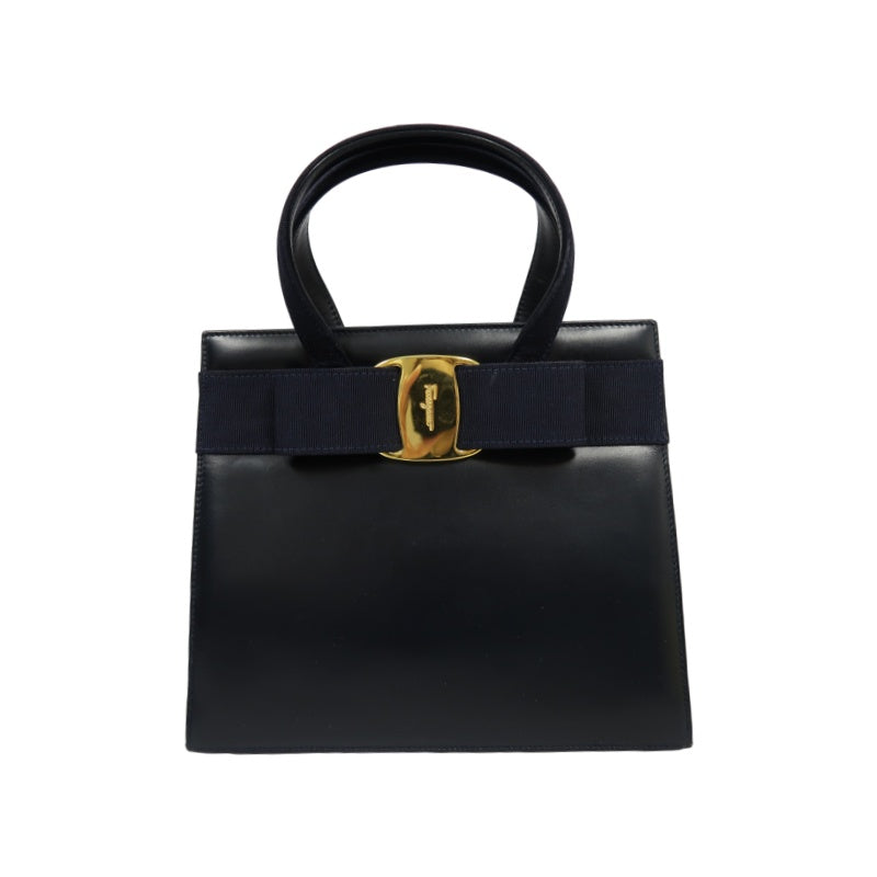 FERRAGAMO  Ribbon Handbag Lambskin Navy Blue Gold Hardware