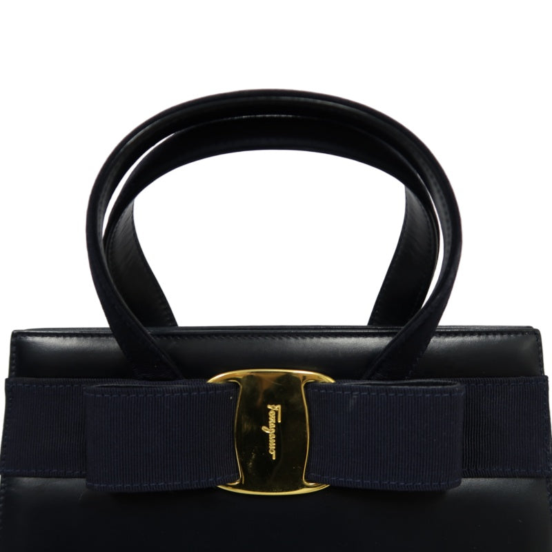FERRAGAMO  Ribbon Handbag Lambskin Navy Blue Gold Hardware