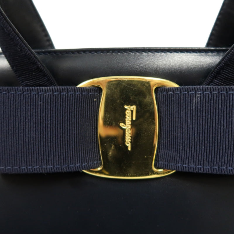 FERRAGAMO  Ribbon Handbag Lambskin Navy Blue Gold Hardware