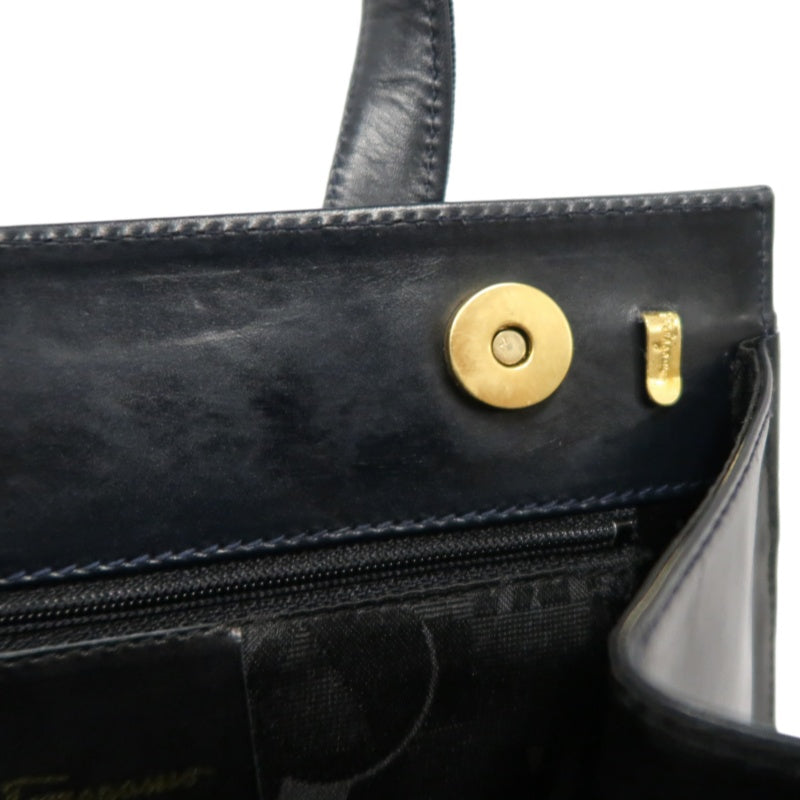 FERRAGAMO  Ribbon Handbag Lambskin Navy Blue Gold Hardware