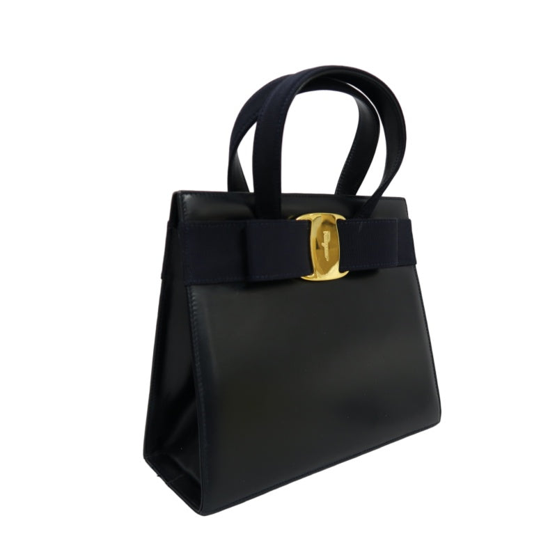 FERRAGAMO  Ribbon Handbag Lambskin Navy Blue Gold Hardware