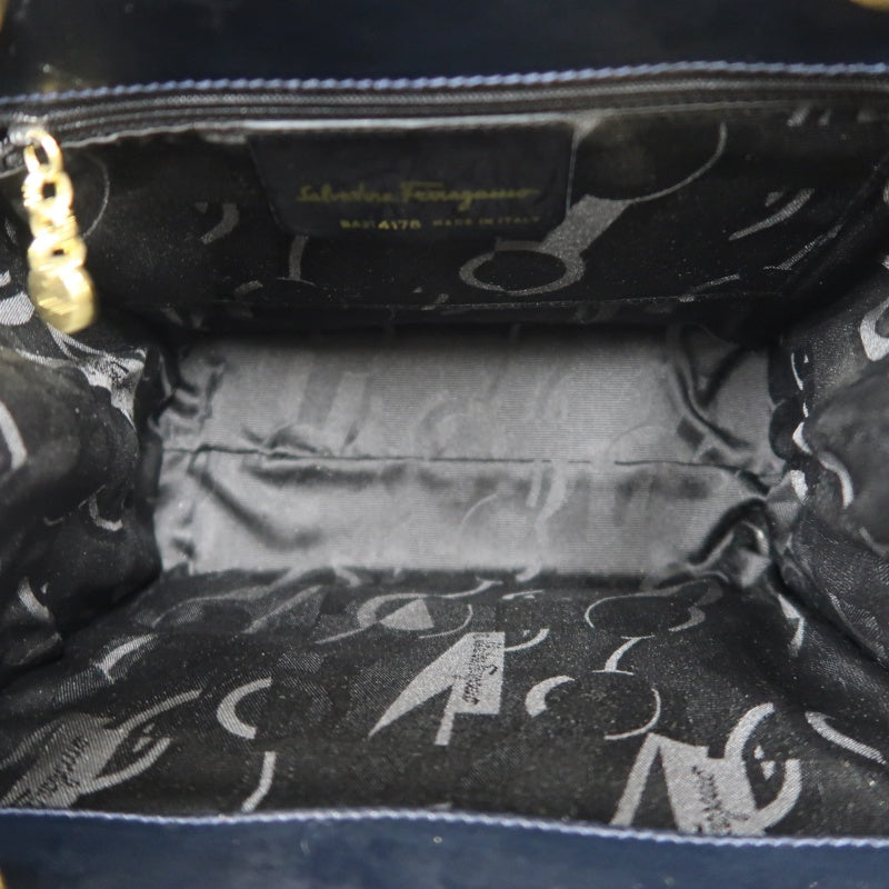 FERRAGAMO  Ribbon Handbag Lambskin Navy Blue Gold Hardware