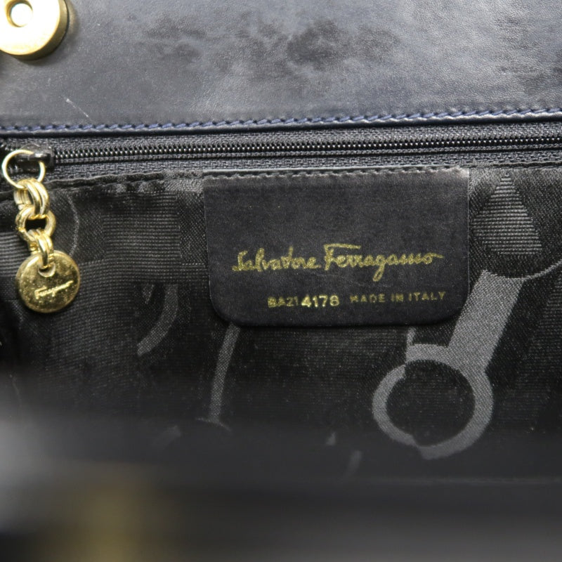 FERRAGAMO  Ribbon Handbag Lambskin Navy Blue Gold Hardware