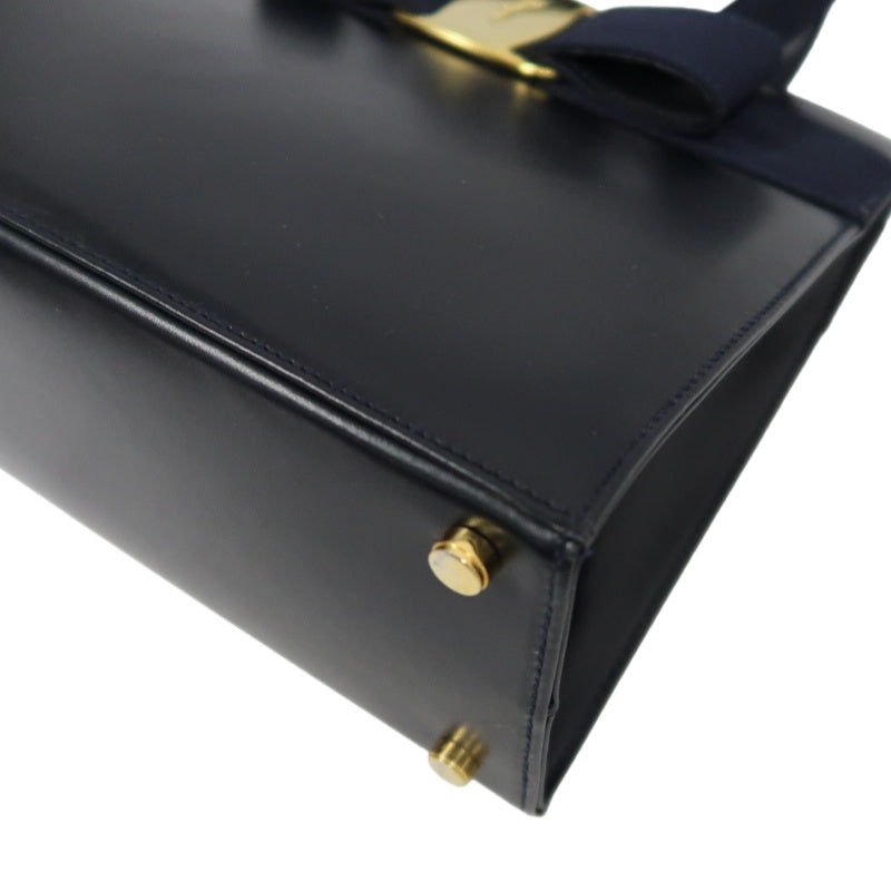 FERRAGAMO  Ribbon Handbag Lambskin Navy Blue Gold Hardware