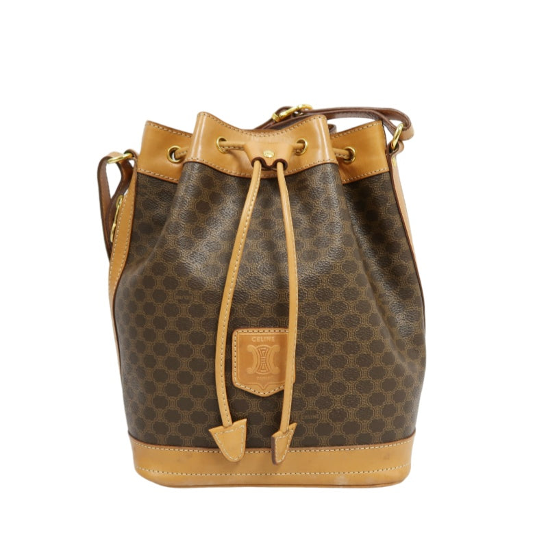 CELINE Macadam Drawstring Shoulder Bag, Brown, Gold Hardware, CELINE Monogram PVC