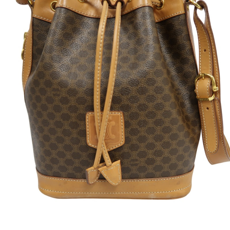 CELINE Macadam Drawstring Shoulder Bag, Brown, Gold Hardware, CELINE Monogram PVC
