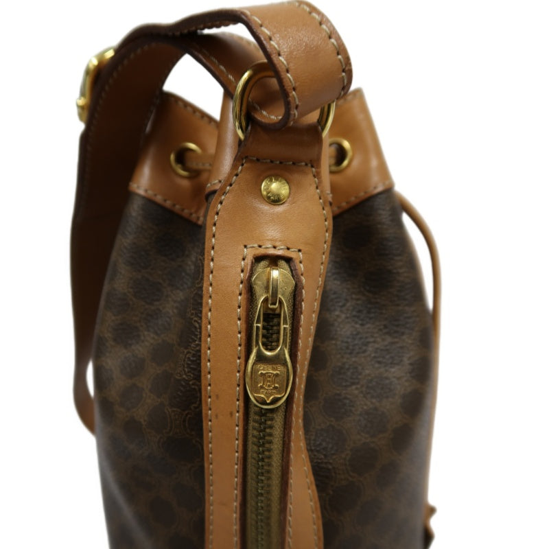 CELINE Macadam Drawstring Shoulder Bag, Brown, Gold Hardware, CELINE Monogram PVC