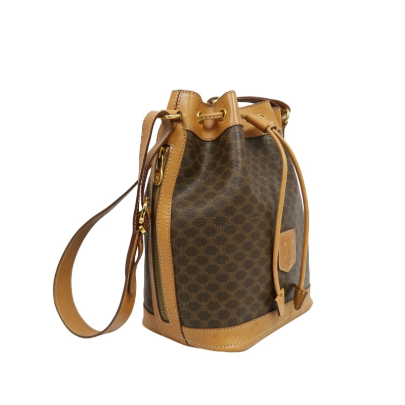 CELINE Macadam Drawstring Shoulder Bag, Brown, Gold Hardware, CELINE Monogram PVC