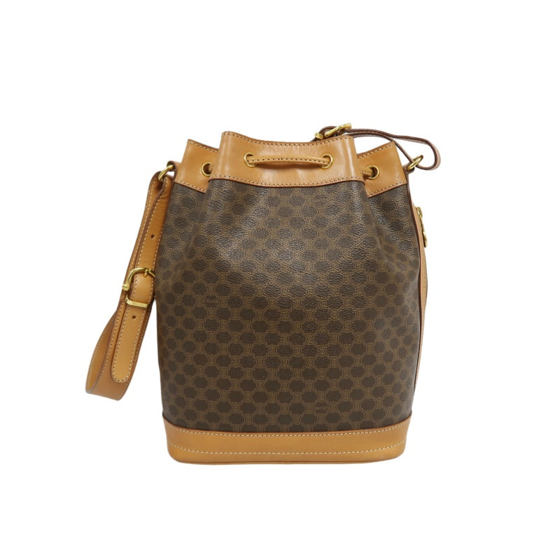 CELINE Macadam Drawstring Shoulder Bag, Brown, Gold Hardware, CELINE Monogram PVC