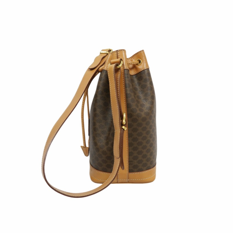 CELINE Macadam Drawstring Shoulder Bag, Brown, Gold Hardware, CELINE Monogram PVC