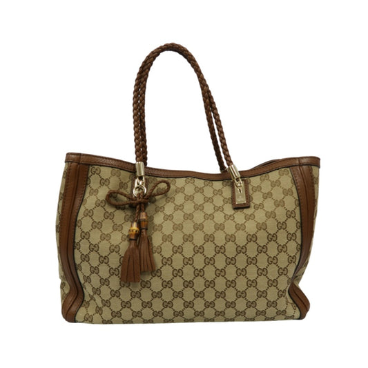 GUCCI GG Canvas Brown Tote Bag with Tassel & Gold Hardware