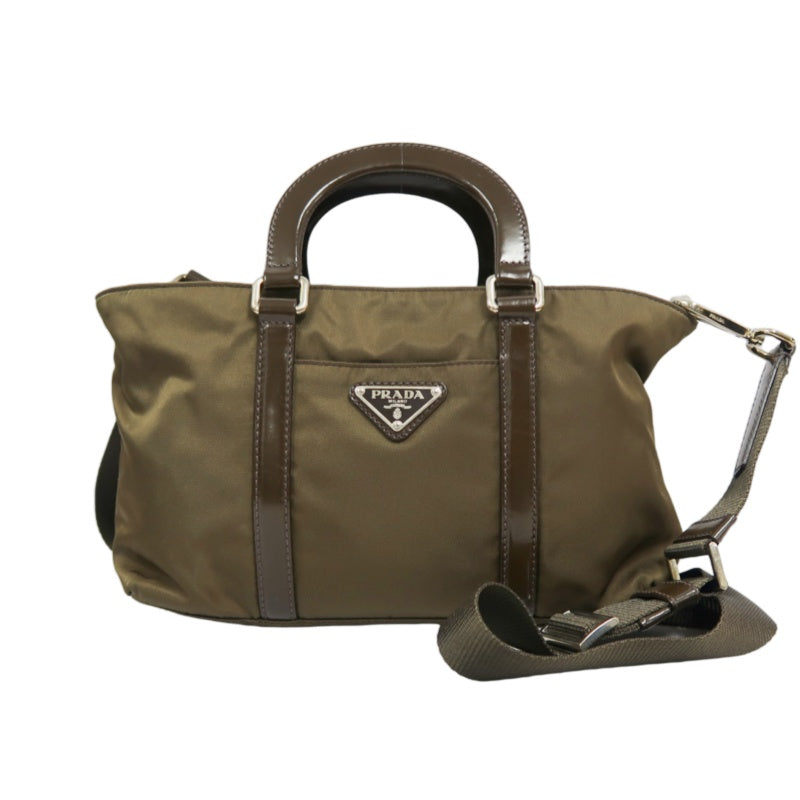 PRADA Triangle Logo Handbag, Nylon, Khaki Green, Silver Hardware, with Shoulder Strap & Card