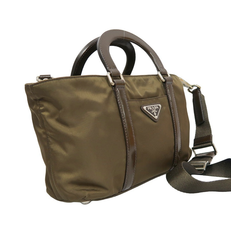 PRADA Triangle Logo Handbag, Nylon, Khaki Green, Silver Hardware, with Shoulder Strap & Card