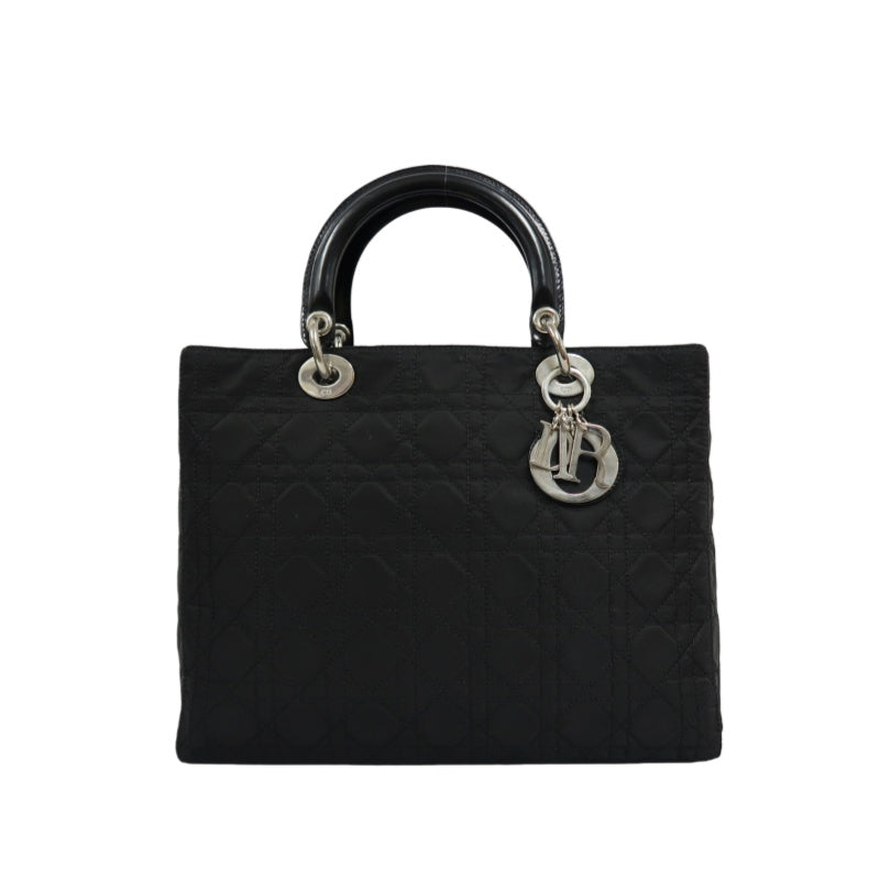 Dior Lady Dior Cannage Handbag, Canvas, Black, Silver Hardware