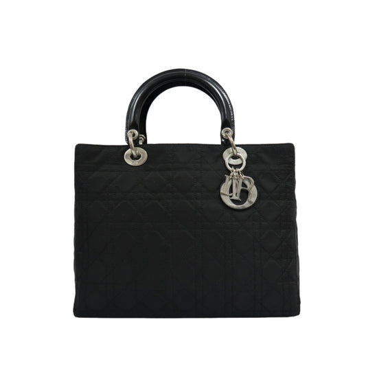 Dior Lady Dior Cannage Handbag, Canvas, Black, Silver Hardware
