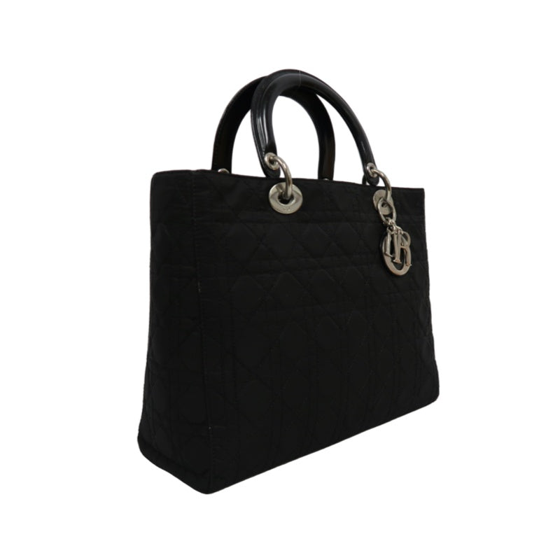 Dior Lady Dior Cannage Handbag, Canvas, Black, Silver Hardware