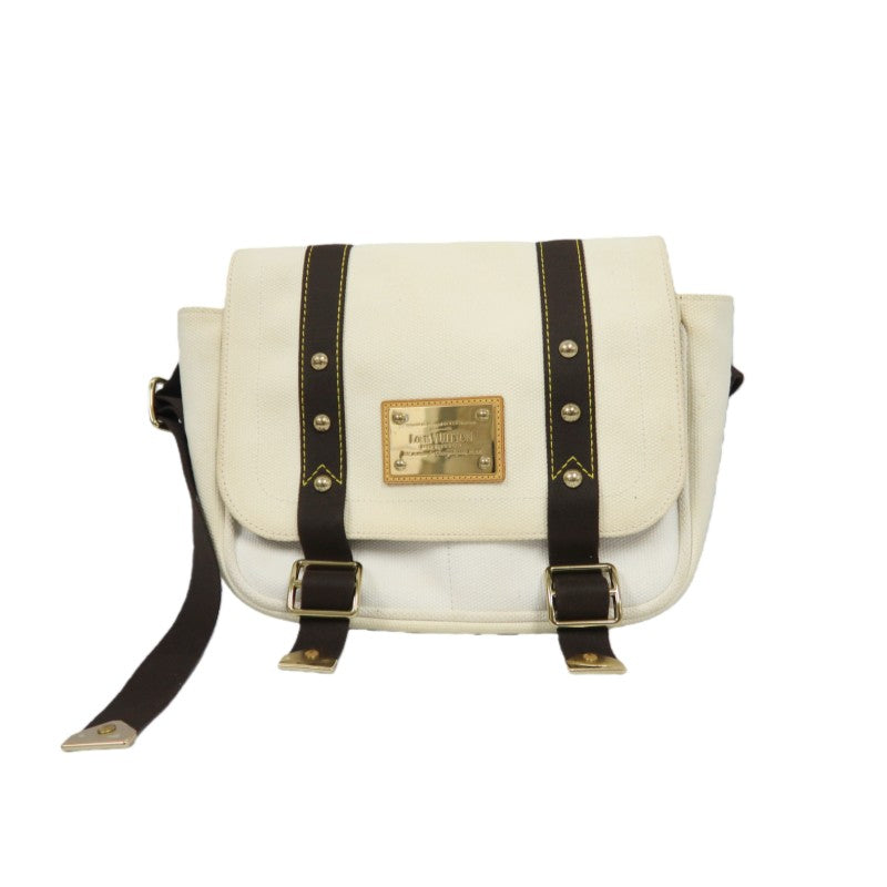 LOUIS VUITTON Antigua Buzas PM Shoulder Bag, White/Brown Canvas with Gold Hardware