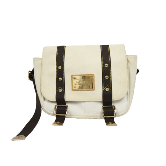 LOUIS VUITTON Antigua Buzas PM Shoulder Bag, White/Brown Canvas with Gold Hardware