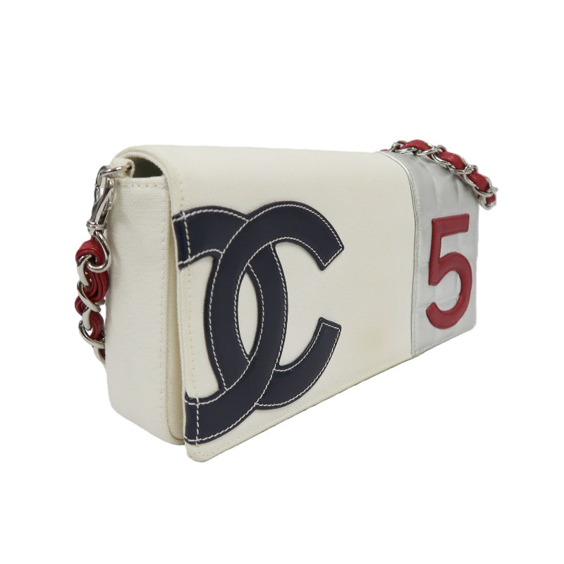CHANEL Coco Mark No.5 Chain Shoulder Bag Canvas White With Guarantee Card CHANEL White Canvas Crossbody Bag
