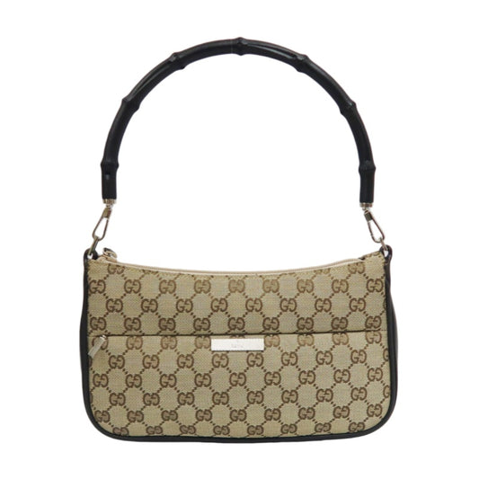 GUCCI Bamboo GG Canvas Shoulder Bag, Brown, Silver Hardware