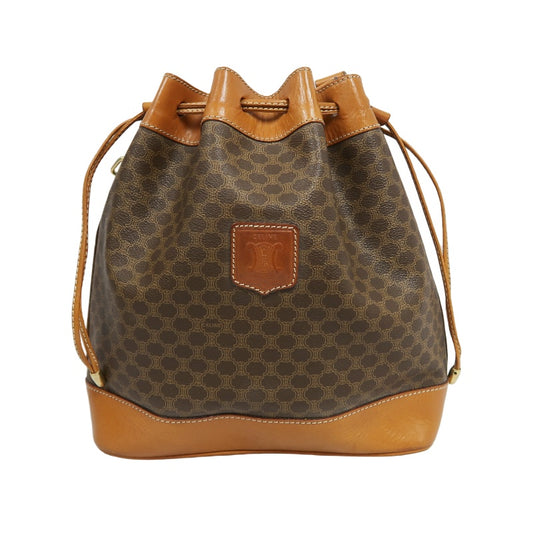 CELINE Macadam Drawstring Shoulder Bag, Brown, Gold Hardware, CELINE Monogram PVC Drawstring Bucket Shoulder Bag