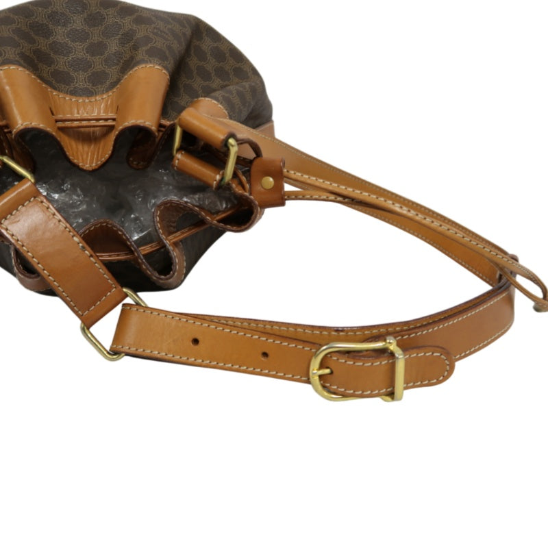 CELINE Macadam Drawstring Shoulder Bag, Brown, Gold Hardware, CELINE Monogram PVC Drawstring Bucket Shoulder Bag