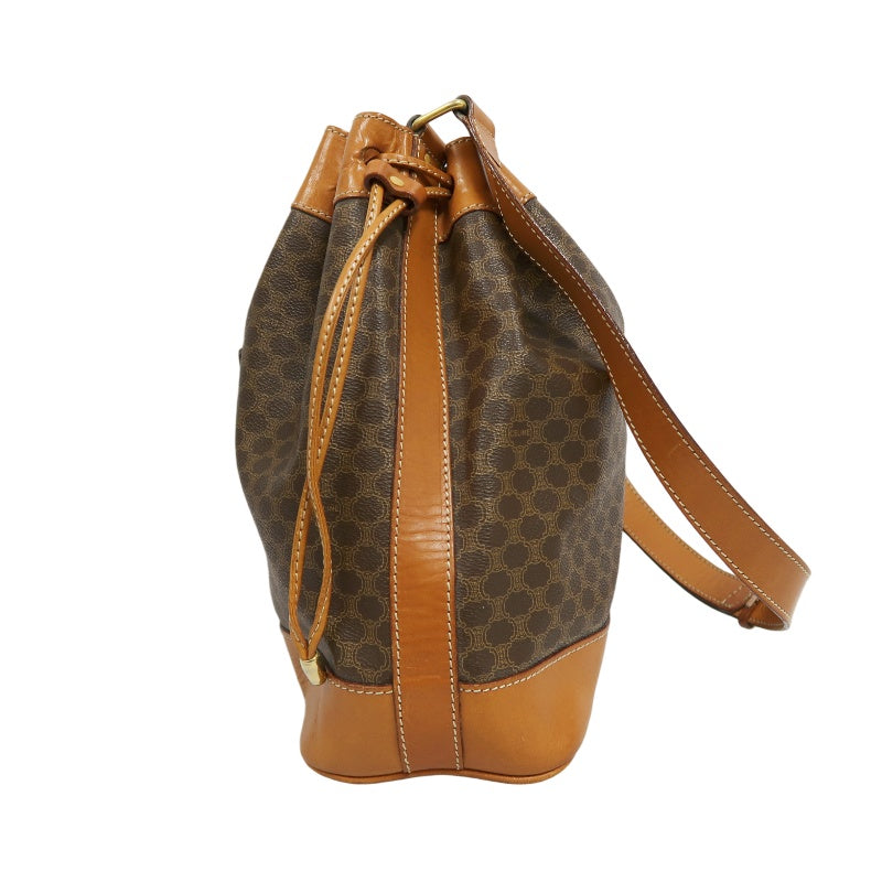 CELINE Macadam Drawstring Shoulder Bag, Brown, Gold Hardware, CELINE Monogram PVC Drawstring Bucket Shoulder Bag