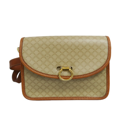 CELINE Macadam Shoulder Bag, Beige, Gold Hardware, CELINE Monogram PVC Saddle Crossbody Bag