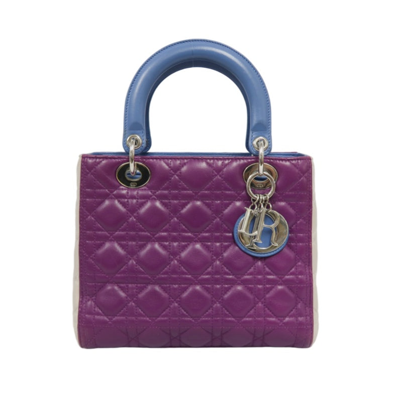 DIOR Cannage Lady Dior Handbag, Purple/Blue, Silver Hardware, Purple PVC, 5-Pocket Lady Dior Tote Bag