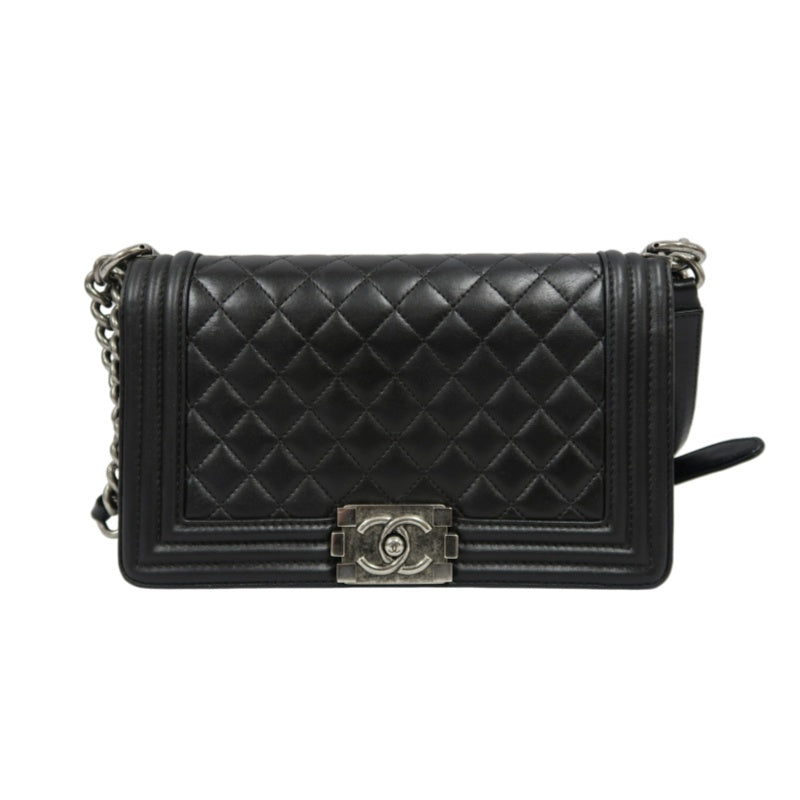 CHANEL Boy Matelasse Lambskin Black Shoulder Bag Silver Hardware