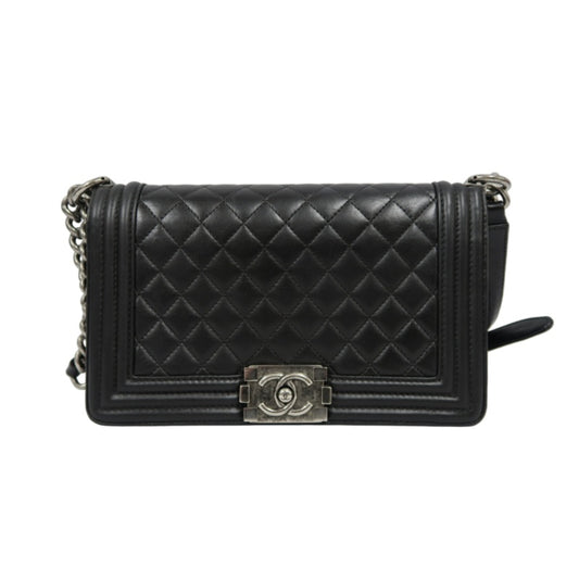 CHANEL Boy Matelasse Lambskin Black Shoulder Bag Silver Hardware