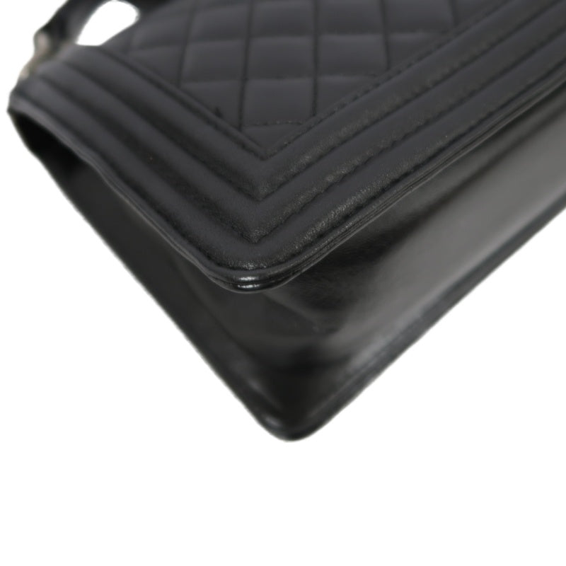 CHANEL Boy Matelasse Lambskin Black Shoulder Bag Silver Hardware